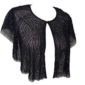 NWT Wonder by Jenny Packham Black Sequin Beaded Mesh Cape Shawl Poncho xs